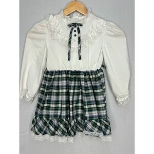 Miss Quality Dress Girls White Green Plaid Ruffled Lace Collar Outdoor 5 Vintage